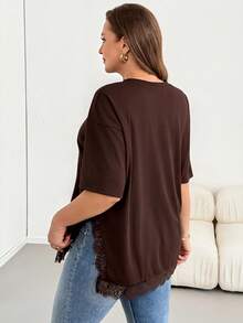Shapeblank Plus-Size Women's Spring/Summer Fashionable Casual Elegant Loose Comfortable Everyday Holiday Basic Versatile Slimming Lace Trim Brown T-Shirt - Brown - View 2