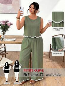 SHEIN PETITE CURVE 大码女式圆领撞色上衣和裤子休闲两件套 - 綠色 - 查看 9