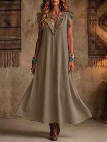 Hotletica Women's Solid Color Ruffle Hem Premium Texture Linen Casual Dress - Khaki - View 6