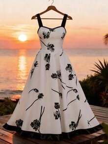 Elenzga Retro New Chinese Style National Wind Spaghetti Strap Backless Floral Mini Dress, Slim Fit Beach Vacation - Apricot - View 3