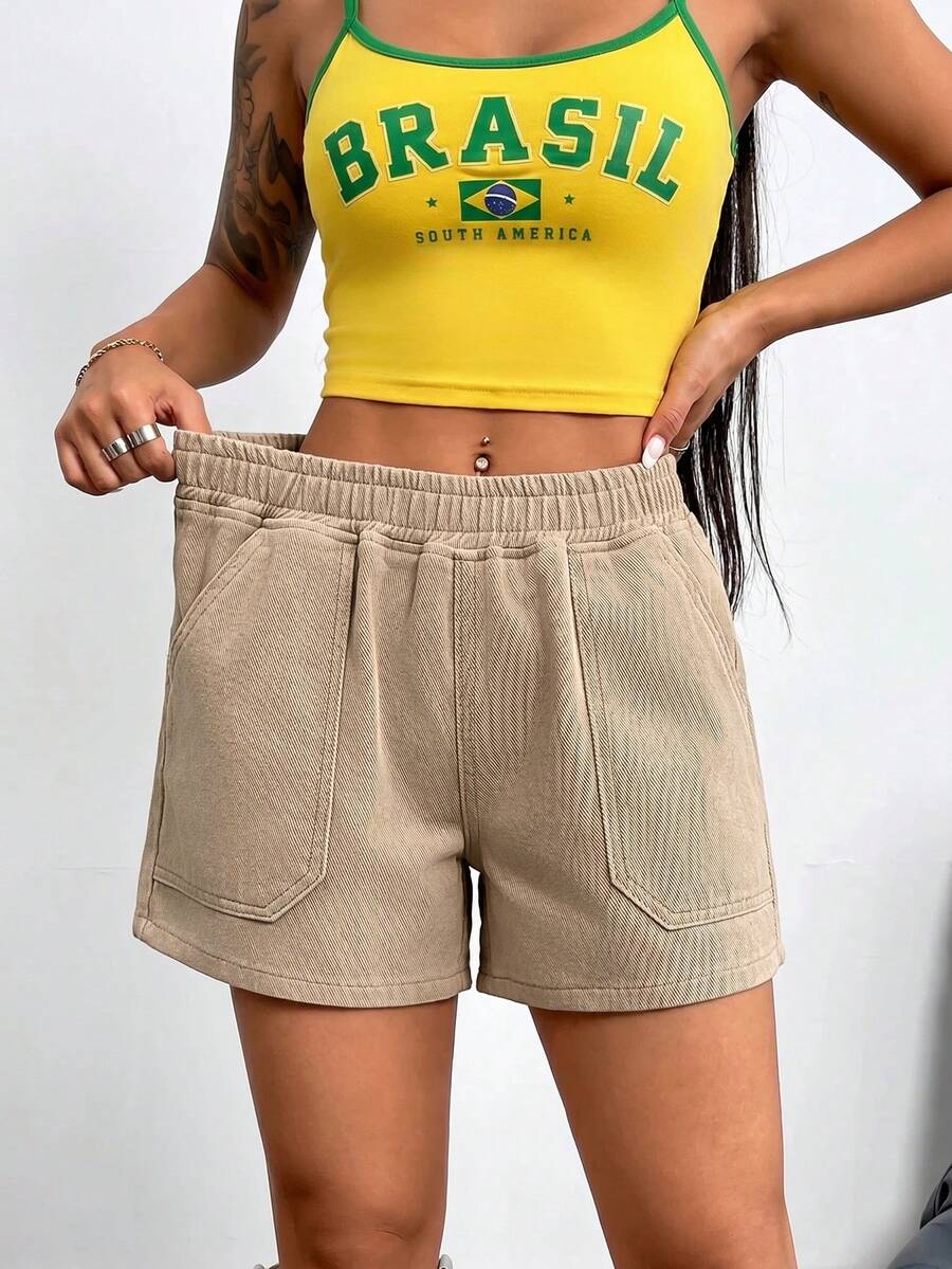 SHEIN Teen Girls Khaki Denim Loose Shorts Sports Vacation World Cup - Khaki - View 1