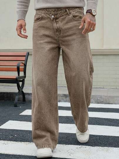 DAZY Autumn Slanted Waist Design Button Blue Washed Distressed Men's Jeans