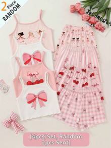 SHEIN 【随机4套，送1套】惊喜盒！！！！30%概率获得2套！！少女针织纯色无袖上衣和印花梭织短裤套装，少女度假休闲夏季穿搭；少女纯色圆领上衣和碎花短裤套装，休闲日常穿搭；少女背心短裤夏季套装，少女度假穿搭；少女碎花短裤套装，少女夏季穿搭；少女夏季短裤套装，青春少女夏季度假穿搭。 - 粉色 - 查看 2