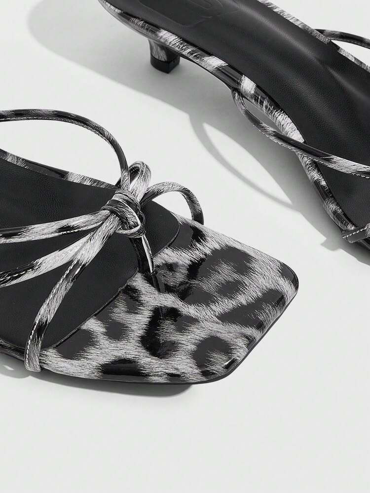 CUCCOO SZL Women Shoes Black And White Leopard Print Square Head Sandals, Thin Strap Cat And One-Word Drag Spice Girls High Heels