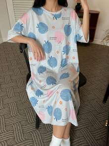 DAZY Robe de nuit style t-shirt mi-longue coupe ample imprimé fruits pour femmes été - Bleu azur - Voir 4
