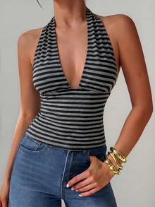 Firerie Women's Striped Fashion Sexy Halter Neck T-Shirt For Concert And Date - Dark Grey - View 9