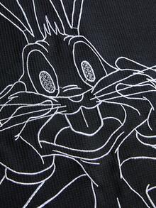 LOONEY TUNES X SHEIN PAVTROS 男士街头风3D兔子刺绣华夫格纹T恤，适合户外音乐节、日常出行、朋友聚会，也是送给男友/老公、周年纪念日的理想礼物。 - 黑色 - 查看 2