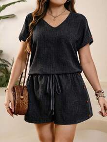 Comfylo 2pcs/Set Plus Size Dark Green Summer Outfits,Smart Casual Button Decor Top And Elastic Waist Shorts Set,Versatile Vacation Lounge Wear For Women - Black - View 1