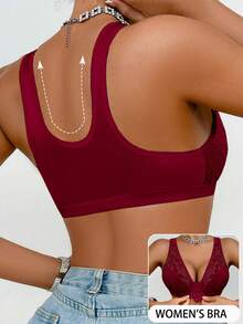 Crystal Vow Lace Patchwork Front Button-Up Women's Non-Wired Bralette 1 Piece - Burgundy - View 2