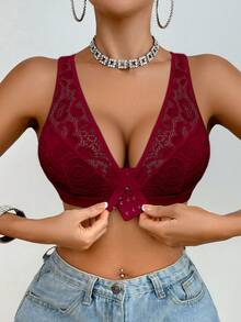 Crystal Vow Lace Patchwork Front Button-Up Women's Non-Wired Bralette 1 Piece - Burgundy - View 3