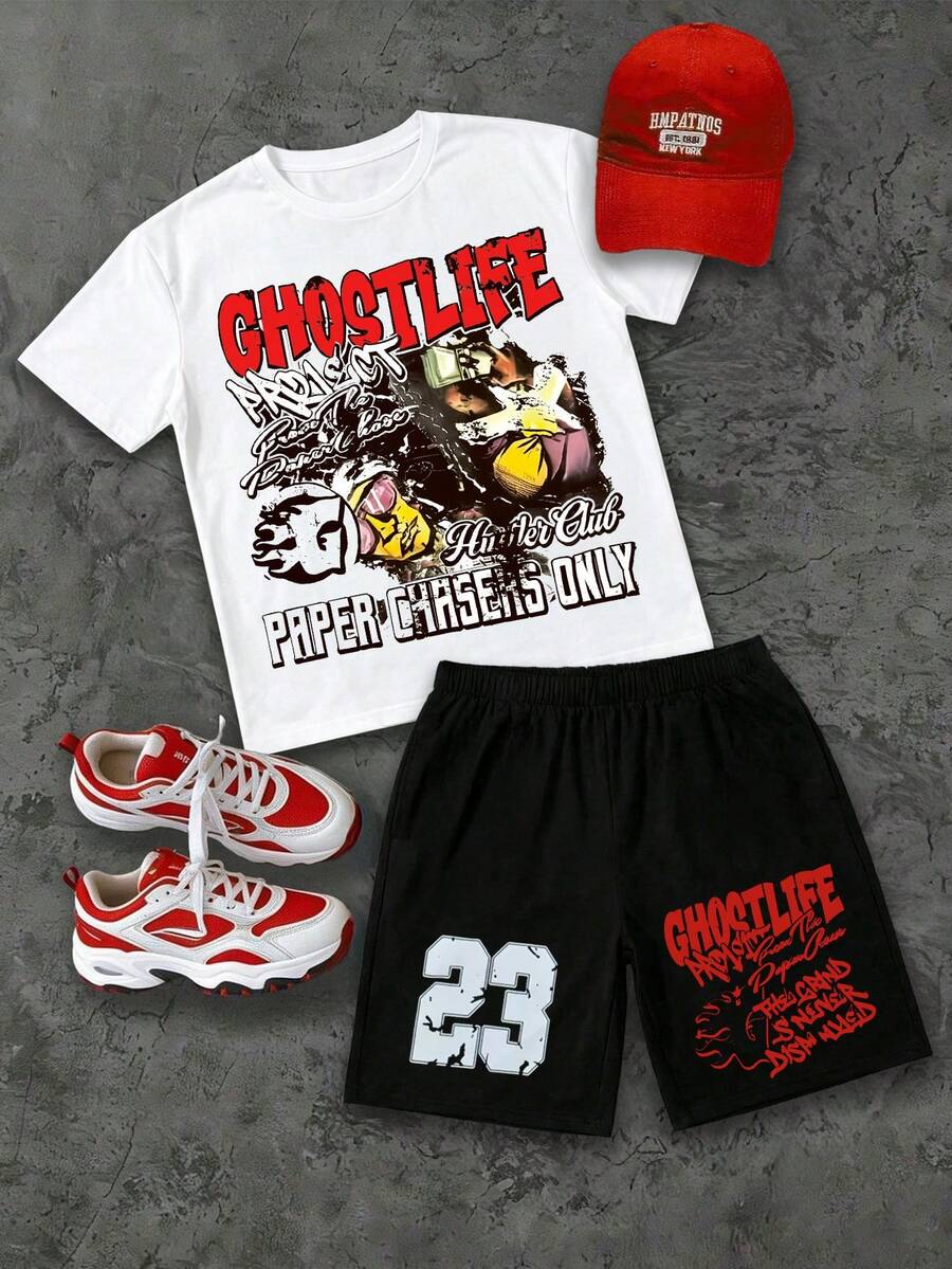 2pcs/Set Teen Boy Casual White Contrast Stitch Design Crew Neck T-Shirt And Shorts Set, Fashion For Daily Commute And Sports Wear - Multicolor - View 1