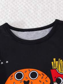 SHEIN Setelan Baju Tidur Rumahan Nyaman untuk Anak Laki-Laki (Tween Boy) Motif Kartun Burger, Pas Badan, Lengan Pendek Ketat, Celana Panjang, Rajut, 2 Potong - Hitam - View 6