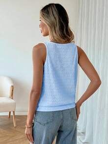 SHEIN LUNE 女款休閒素色紋理春夏日常基本款無袖背心上衣 - 藍色 - 查看 2