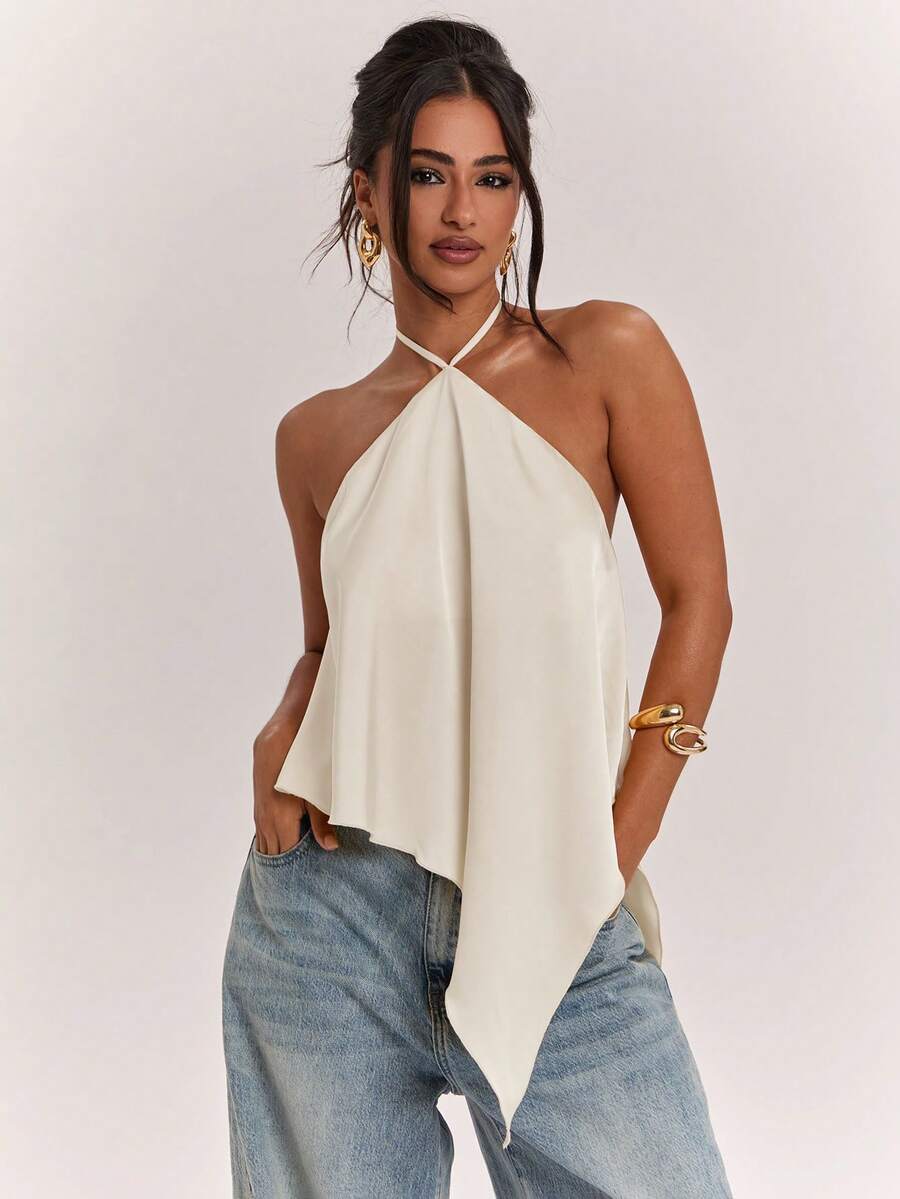 SHEIN BAE 春夏女款休閒度假掛脖露背不對稱下擺黃色純色緞面背心上衣,適合海邊度假、海邊假期、姐妹休閒度假,優雅背心上衣,實用緞面背心上衣,黃色緞面背心上衣,優雅背心上衣 - 杏色 - 查看 1