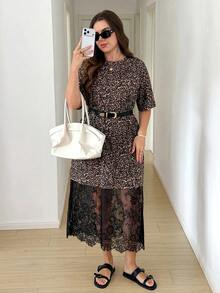SHEIN CURVE+ Đầm nữ size lớn họa tiết da báo phối ren phong cách thường ngày đi tiệc - Nhiều màu - Xem 5