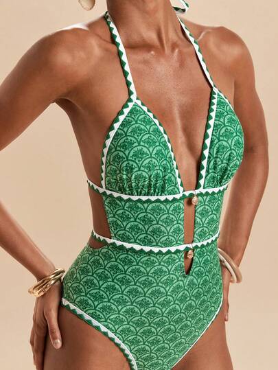 Travachic Traje de baño de una pieza con estampado integral para mujer, ideal para vacaciones en la playa