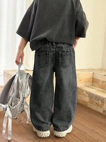 SHEIN 小男孩流行石洗休閒寬腿鬆垮牛仔褲，兒童春夏日常穿著 - 黑色 - 查看 2