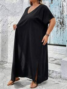 SHEIN CURVE+ 大码女装纯色休闲派对旅行连衣裙 大码女装 8XL 女装 大码女装连衣裙 宽松连衣裙 大码夏季服装 8XL 连衣裙 黑色长款连衣裙 大码女装夏季服装 - 黑色 - 查看 6