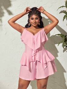 Maweii Plus Size Sexy Elegant Celestial V-Neck Ruffle Asymmetric Camisole Top Shorts 2 Pieces Set Vacation Party Pink Summer - Pink - View 6
