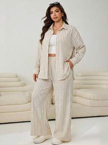 Solflare Plus Size Women's Striped Pattern Long Sleeve Button-Up Shirt And Pants 2-Piece Set Fall - Multicolor - View 4