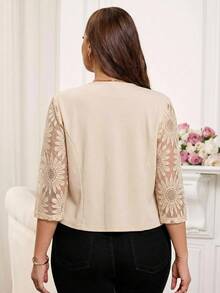 Reflora Chaqueta corta elegante de mujer talla grande con mangas de encaje en contraste, adecuada para uso diario - Albaricoque - Ver 2