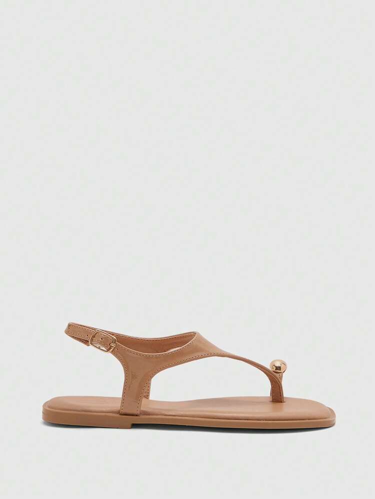 CUCCOO BIZCHIC Ladies Fashion Brown Pin Metal Buckle Small Square Toe Flat Sandals Comfortable Flat Sandals Slippers Suitable For Commuting Beach Vacation Ladies Flat Sandals