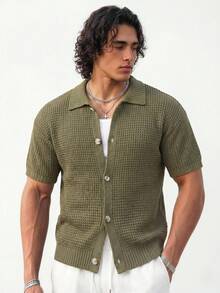 Ironwick Men's Solid Color Button Front Short Sleeve Casual Knitted Top - Dark Green - View 6