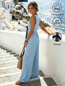 SHEIN Holidaya Mono de pierna ancha suelto con cintura plisada, color de contraste y lazo con cordones para mujer, verano, playa y vacaciones - Multicolor - Ver 2