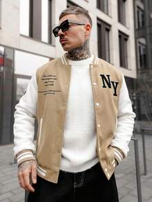 Artur Kramer Men Long Sleeve Slogan Graphic Two Tone Varsity Jacket, For Fall - Multicolor - View 3
