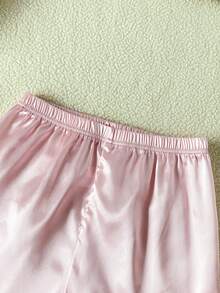 SHEIN 青少年女孩粉色純色簡約優雅短褲與短袖休閒舒適寬鬆兩件式家居服套裝 - 粉色 - 查看 5