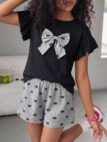 SHEIN 少女 T-shirt 套裝，帶荷葉邊袖口與蝴蝶結，適合日常休閒可愛穿搭，適合返校季，全黑 - 黑色 - 查看 3