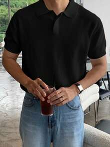 DAZY Jersey de punto de media cremallera de color negro sólido para hombre, verano - Negro - Ver 6