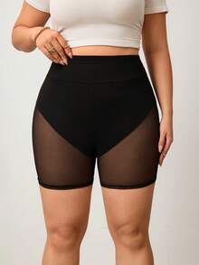 Enliva Plus Size Women's Transparent Mesh Contrast Lace Cycling Shorts - Black - View 6