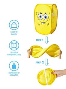SpongeBob SquarePants | SHEIN 聚酯纖維可折疊收納籃 - 彈跳式便攜收納籃，家用多功能收納盒，適用於衣物、玩具、雜物分類，輕巧耐用且易於清潔，適用於臥室、客廳、浴室、宿舍、旅行使用，附手柄可懸掛收納，卡通圖案設計時尚 - 黃色 - 查看 4