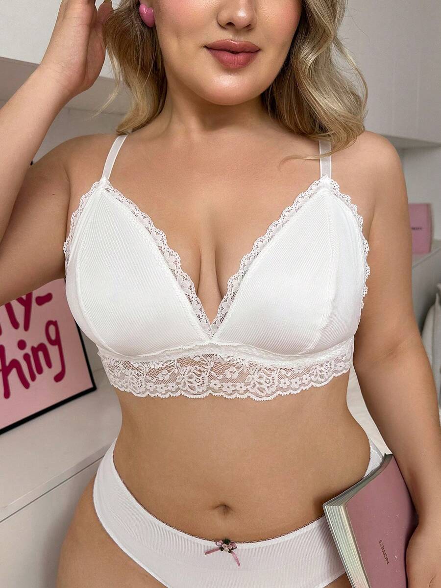 PetitDoll White Minimalist Comfortable Plus Size Lace Patchwork Wireless Bra - White - View 1