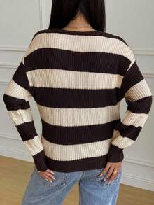 SHEIN Teen Girls Casual Striped Knit Sweater, Simple And Fashionable, Suitable For Daily Wear, Autumn, Winter - Coffee Brown - View 2