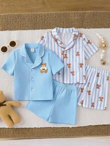 SHEIN 4pcs/Set Baby Boy Summer Cute Casual Cartoon Pattern Striped Bear Print Short Sleeve Knit Loungewear Set, Multi-Piece Loungewear - Multicolor - View 6
