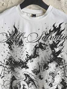 Manfinity Roghcode Boxy Cropped Streetwear Distressed Grey City Wall Calligraphy English Cross Print White Pure Cotton Tank Top, Suitable For Spring And Summer - White - View 2