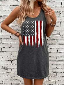 Comfylo Gaun Tanpa Lengan Minimalis Kasual Ukuran Besar Motif Bendera Amerika untuk Hari Kemerdekaan, Leher Bulat, Cocok untuk Liburan Formal Musim Panas - Grey - View 5