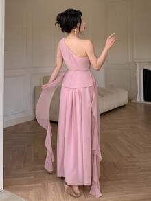 Modelyn Women's One-Shoulder Asymmetric Neckline Ruffle Strap Top And High-Waisted Draped Skorts Set Wedding Formal Christening Pink Summer Romantic Elegant - Pink - View 3