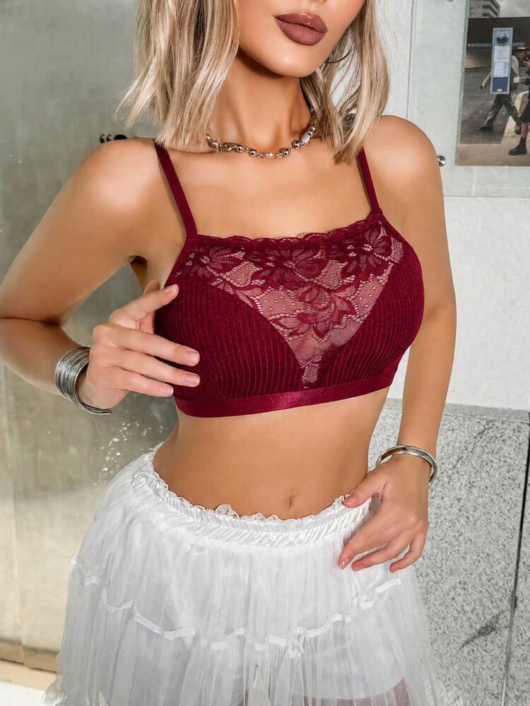 SHEIN 蕾絲拼接螺紋舒適女用內褲 - 酒紅色 - 查看 6