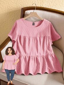 Rusticease Camisa holgada de manga corta con volantes y cuello redondo de unicolor para mujer talla grande, estilo bohemio para mujer/verano - Rosa Pálido - Ver 1