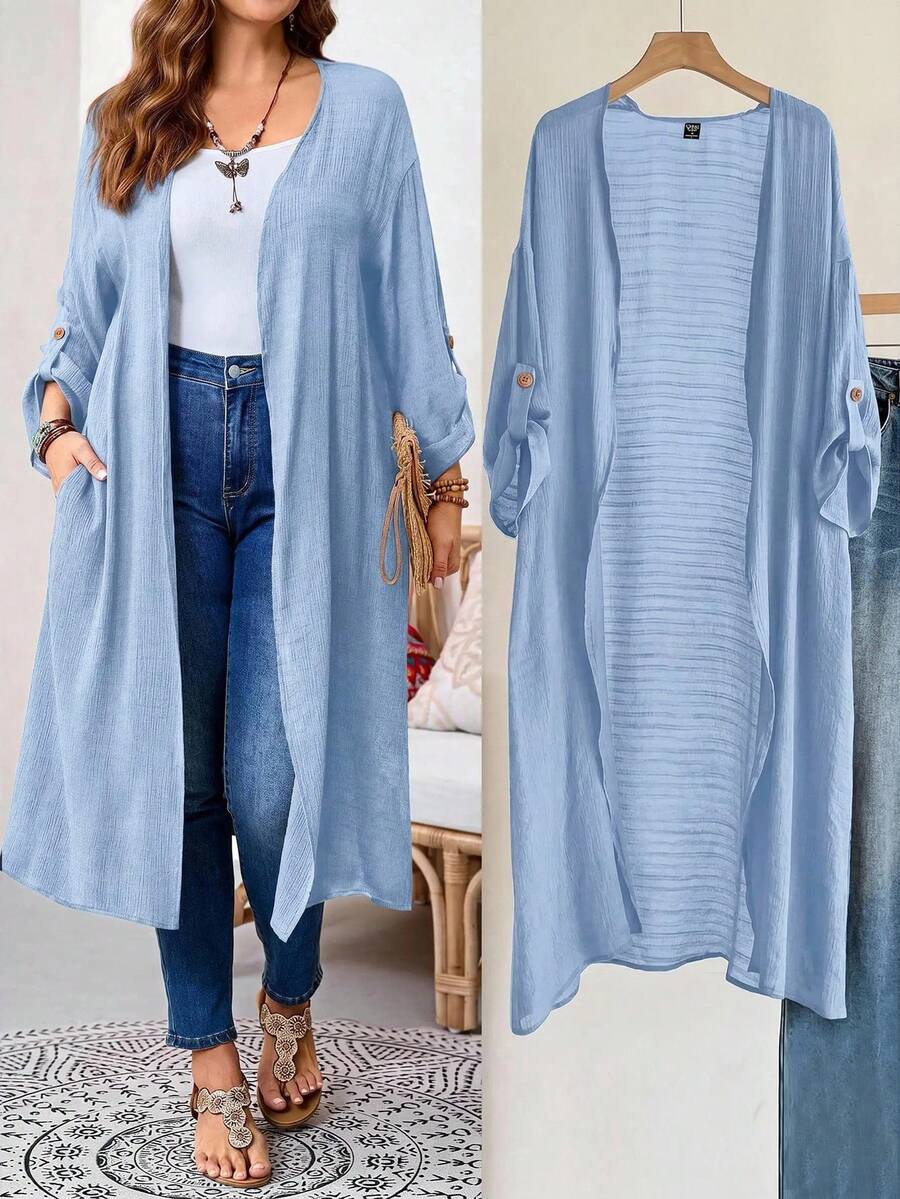 EMERY ROSE Plus Size Solid Color Casual Vacation Jacket Fall - Blue - View 1
