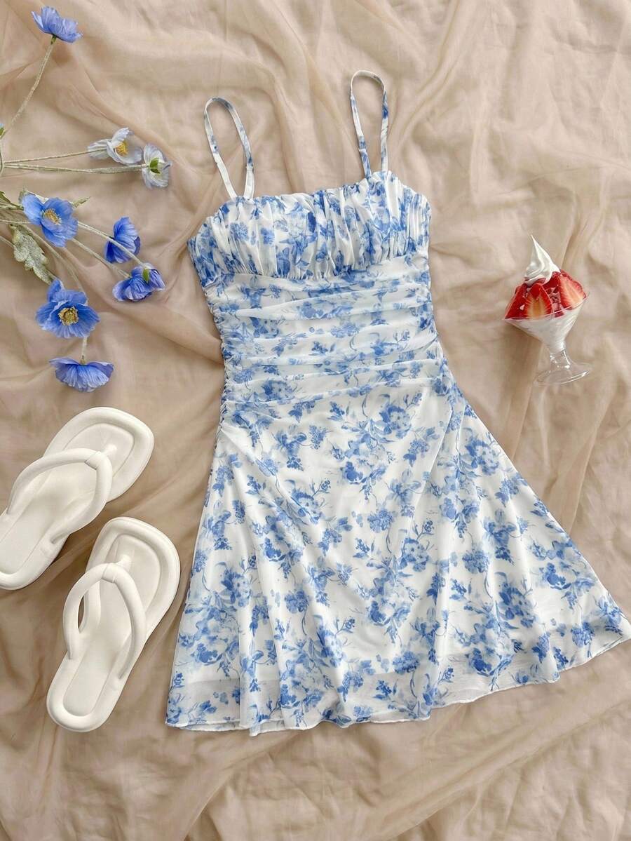 SHEIN 少女休闲 蓝白碎花网纱露背度假/假日/复古/沙滩/海边/优雅连衣裙,可爱 - 藍色 - 查看 1