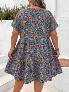 SHEIN CURVE+ Plus Size Women's Summer Leisure Vacation Short Style Baby Blue Ditsy Floral Back To School Teacher Work Vacation Clothes Women's Dress Boho Vacation - Multicolor - View 2