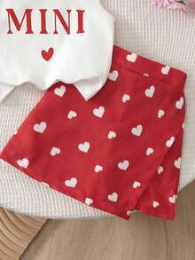 Genkimix Kids Young Girls White Knit Ribbed Letter Print Crew Neck Sleeveless Pullover Top + Denim Blue Heart Print Skort Set, 2 Pieces, Suitable For Outings, Spring/Summer Style For 4-7 Year Old Girls, Party And Gathering - Red - View 7