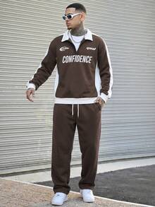 Devon Thys Men's Casual Sports Style Letter Print Contrast Color Half Zip Collar Sweatshirt And Drawstring Waist Sweatpants Set, Spring/Autumn - Brown - View 3