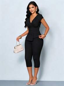 SOLERSUN Women's Deep V-Neck Pleated Short-Sleeved Fitted T-Shirt And Capri Pants Two Pieces Set Features A Pleated Waist Asymmetrical Hem Elegant Office Black - Black - View 7
