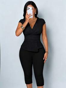 SOLERSUN Women's Deep V-Neck Pleated Short-Sleeved Fitted T-Shirt And Capri Pants Two Pieces Set Features A Pleated Waist Asymmetrical Hem Elegant Office Black - Black - View 10