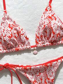 Swim Mod Women's Summer Jacquard Fabric Halter Neck Metal Decor Sexy Bikini Set - Red and White - View 6